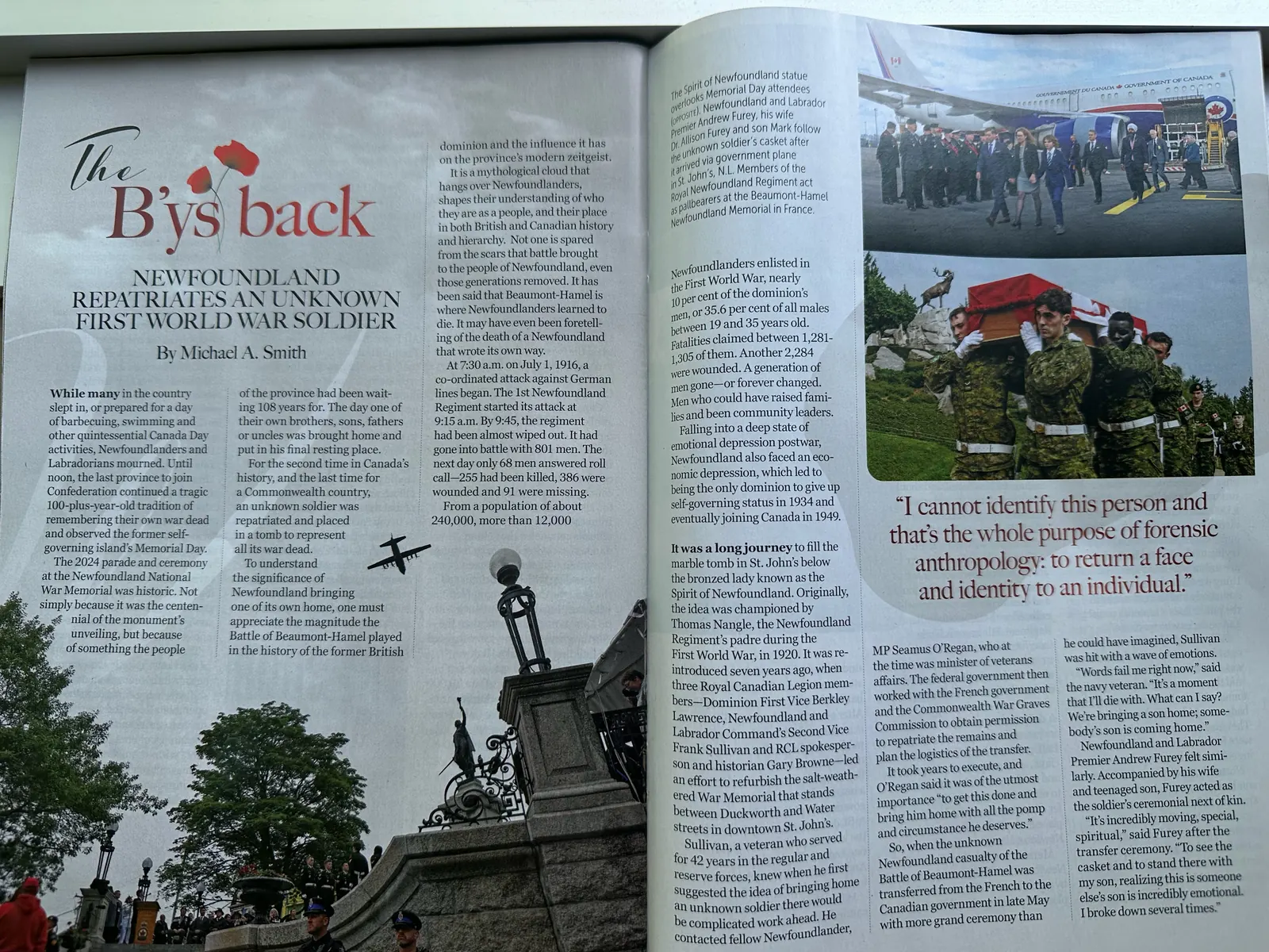 Printed Legion Magazine spread of the feature 'The B'ys back: Newfoundland repatriates an unknown First World War soldier', by Michael A. Smith
